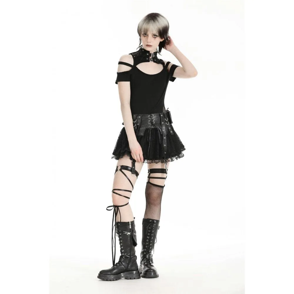 Damen-Punk-Faux-Leder-Splice-Spitzenrock