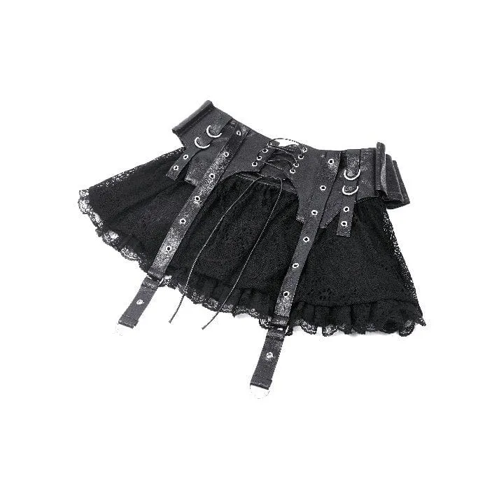 Damen-Punk-Faux-Leder-Splice-Spitzenrock