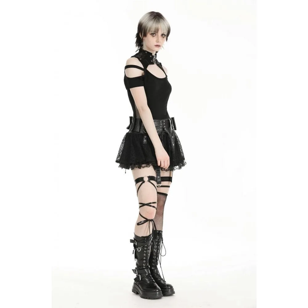 Damen-Punk-Faux-Leder-Splice-Spitzenrock