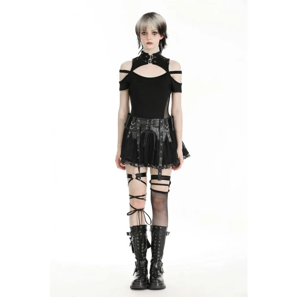 Damen-Punk-Faux-Leder-Splice-Spitzenrock