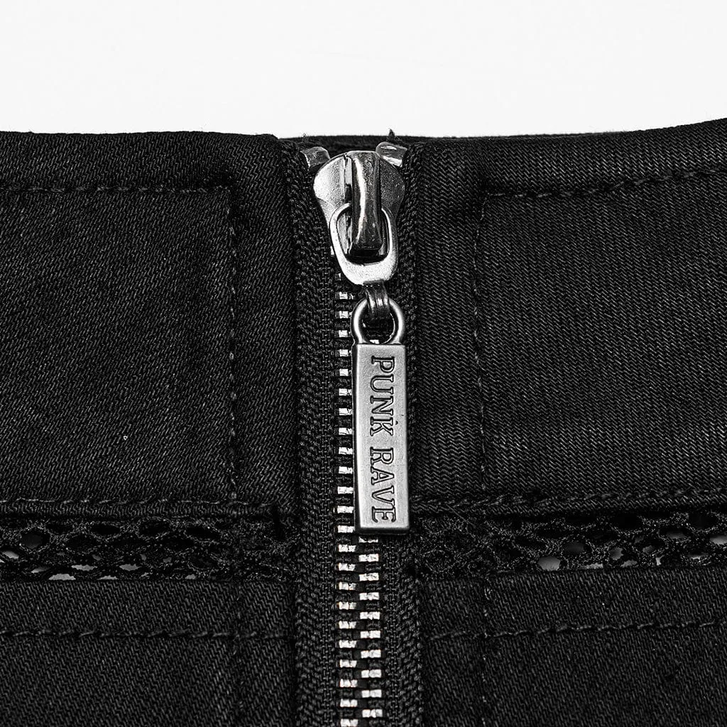 Damen-Punk-Mesh-Splice-Reißverschlussrock Schwarz