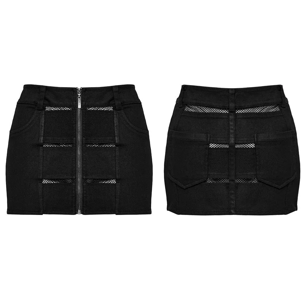 Damen-Punk-Mesh-Splice-Reißverschlussrock Schwarz