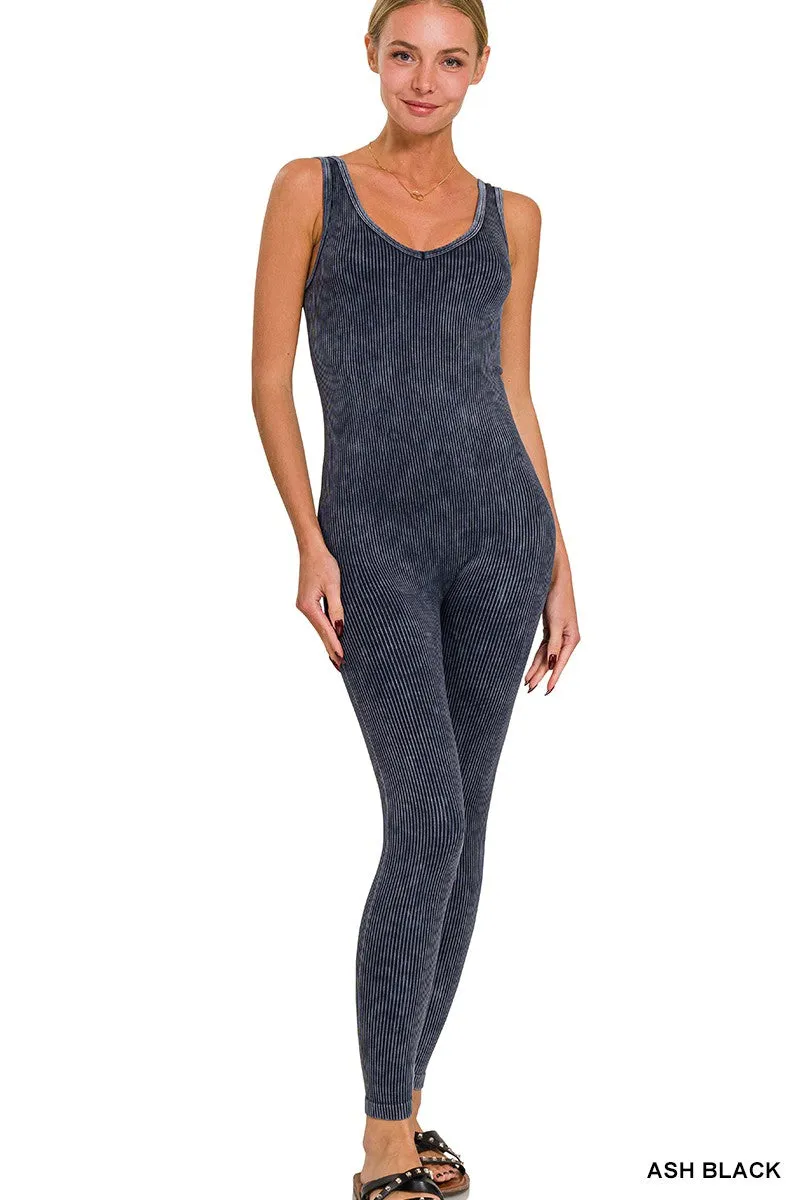 Zenana Stone Washed Rippenstruktur Nahtloser Sport-Overall NPW-6369 Aschschwarz
