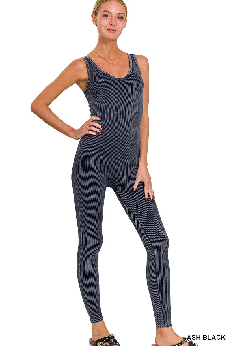 Zenana Stone Washed Rippenstruktur Nahtloser Sport-Overall NPW-6369 Aschschwarz