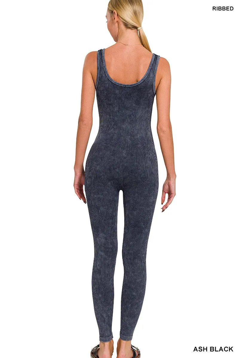 Zenana Stone Washed Rippenstruktur Nahtloser Sport-Overall NPW-6369 Aschschwarz