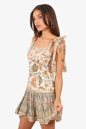 Zimmermann Beige/Multicolour Linen Floral Print Knotted Mini Dress Size 1
