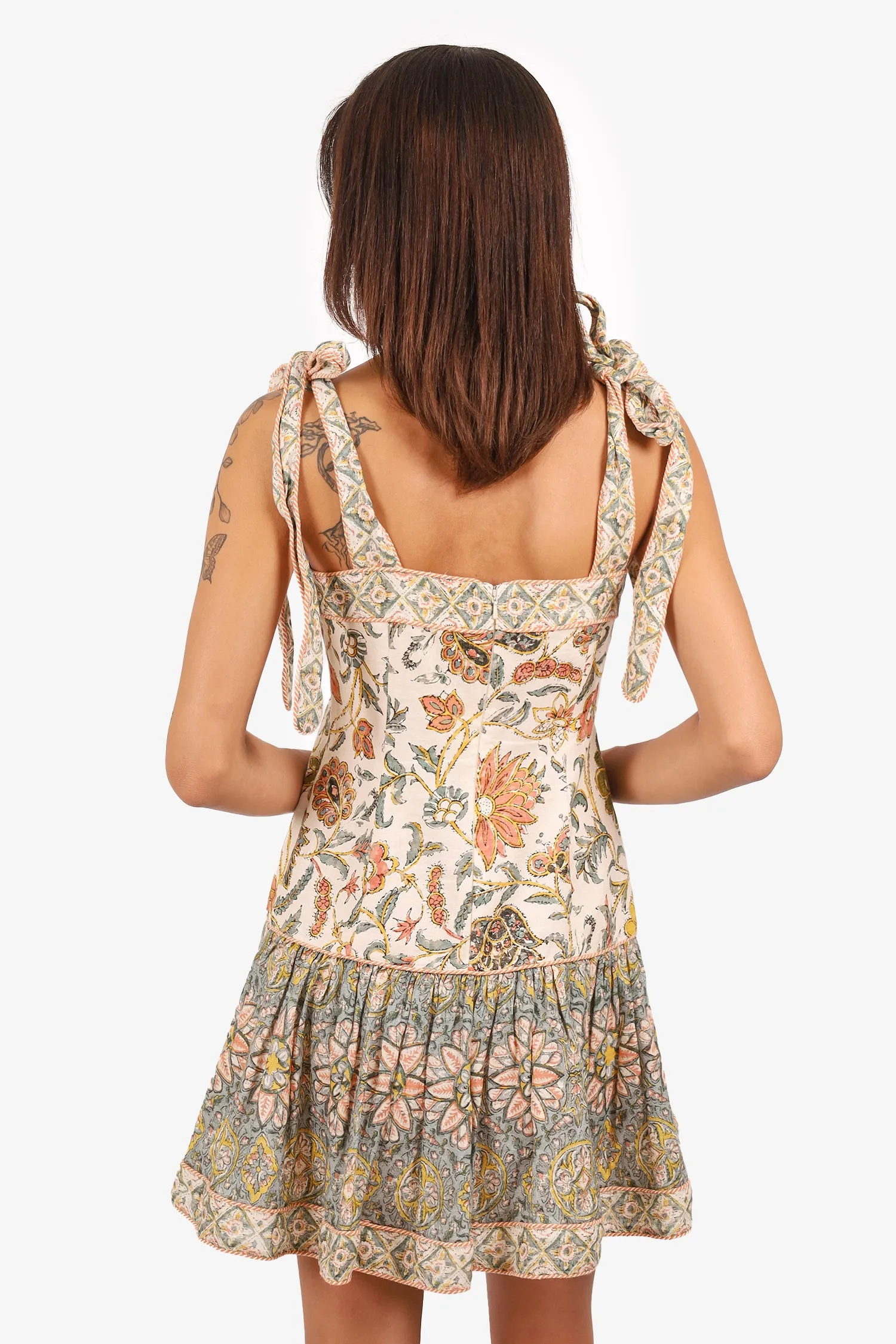 Zimmermann Beige/Mehrfarbiges Leinen Blumenmuster Knoten-Minikleid Größe 1