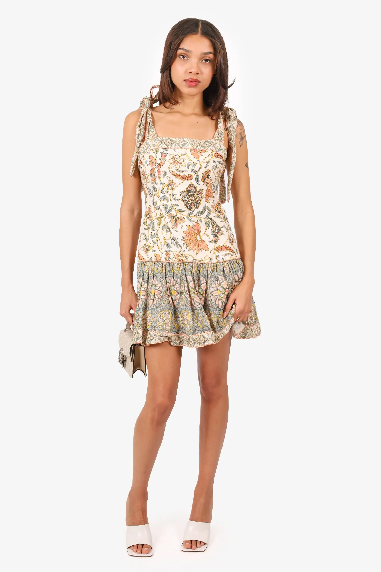 Zimmermann Beige/Mehrfarbiges Leinen Blumenmuster Knoten-Minikleid Größe 1